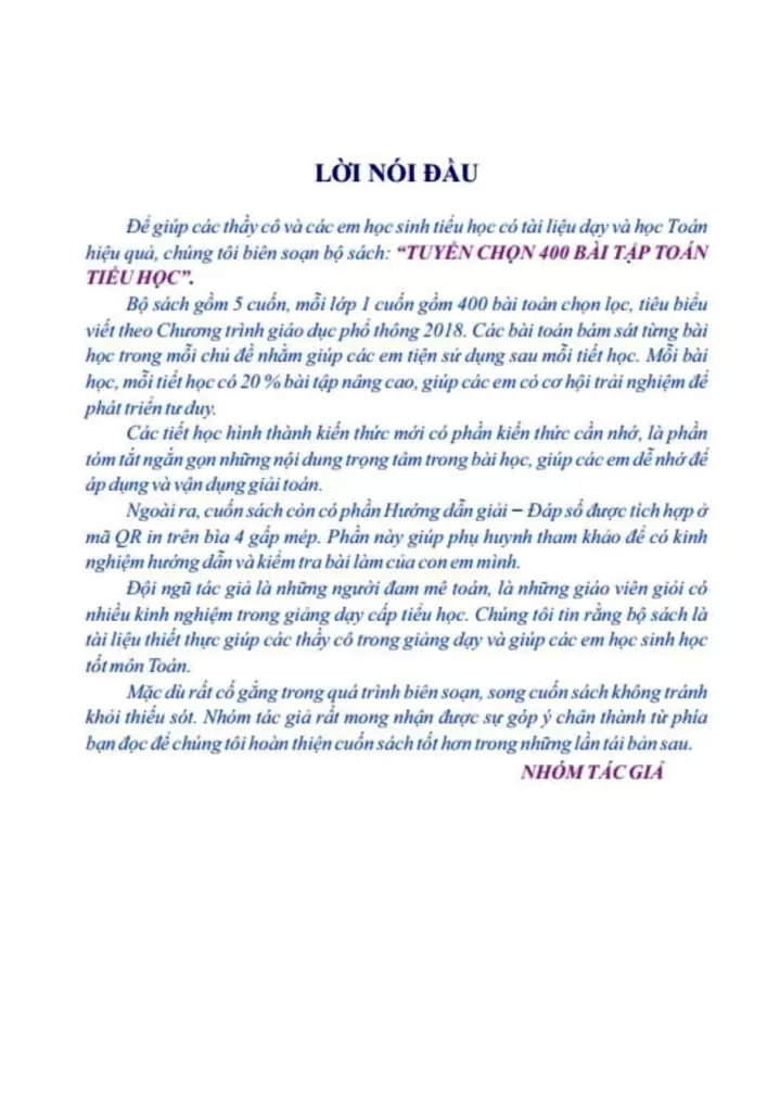 TUYỂN CHỌN 400 BÀI TẬP TOÁN LỚP 4 (Biên soạn theo chương trình GDPT mới, Dùng chung cho các bộ SGK hiện hành)